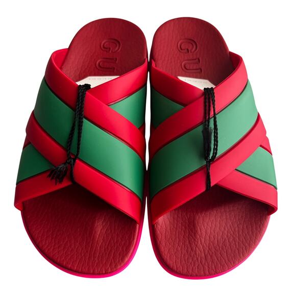 Gucci Red Green Striped Web Accent Rubber Sandals, IT37/US7 - Picture 3 of 16